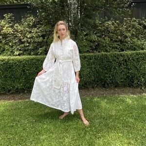 Sue Sartor Paloma Flounce Dress, White Cotton Swiss Voile/Embossed Blooms, L